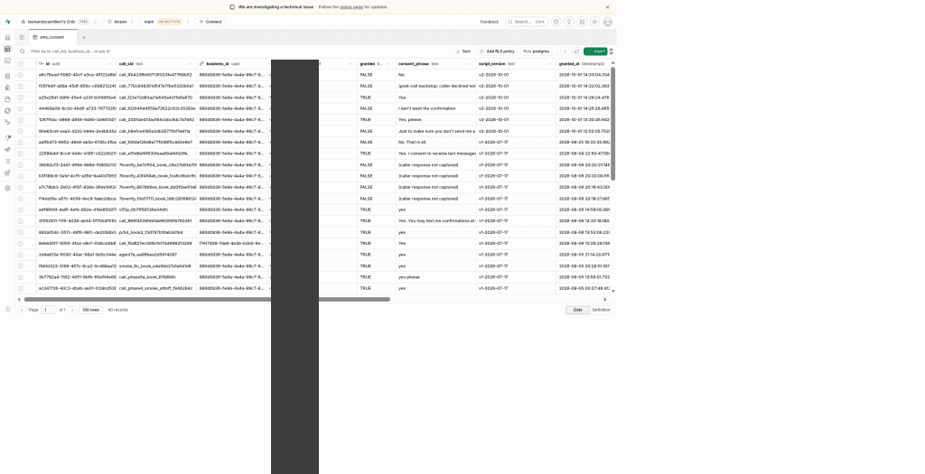 Screenshot of the production sms_consent table, newest rows first, taken on October 1, 2026. It shows the rows for the two sample calls above: a granted row with the caller’s phrase “Yes” and a declined row with the phrase “No.”, each with the script version v2-2026-10-01, the call ID and the timestamp. Phone numbers are masked.